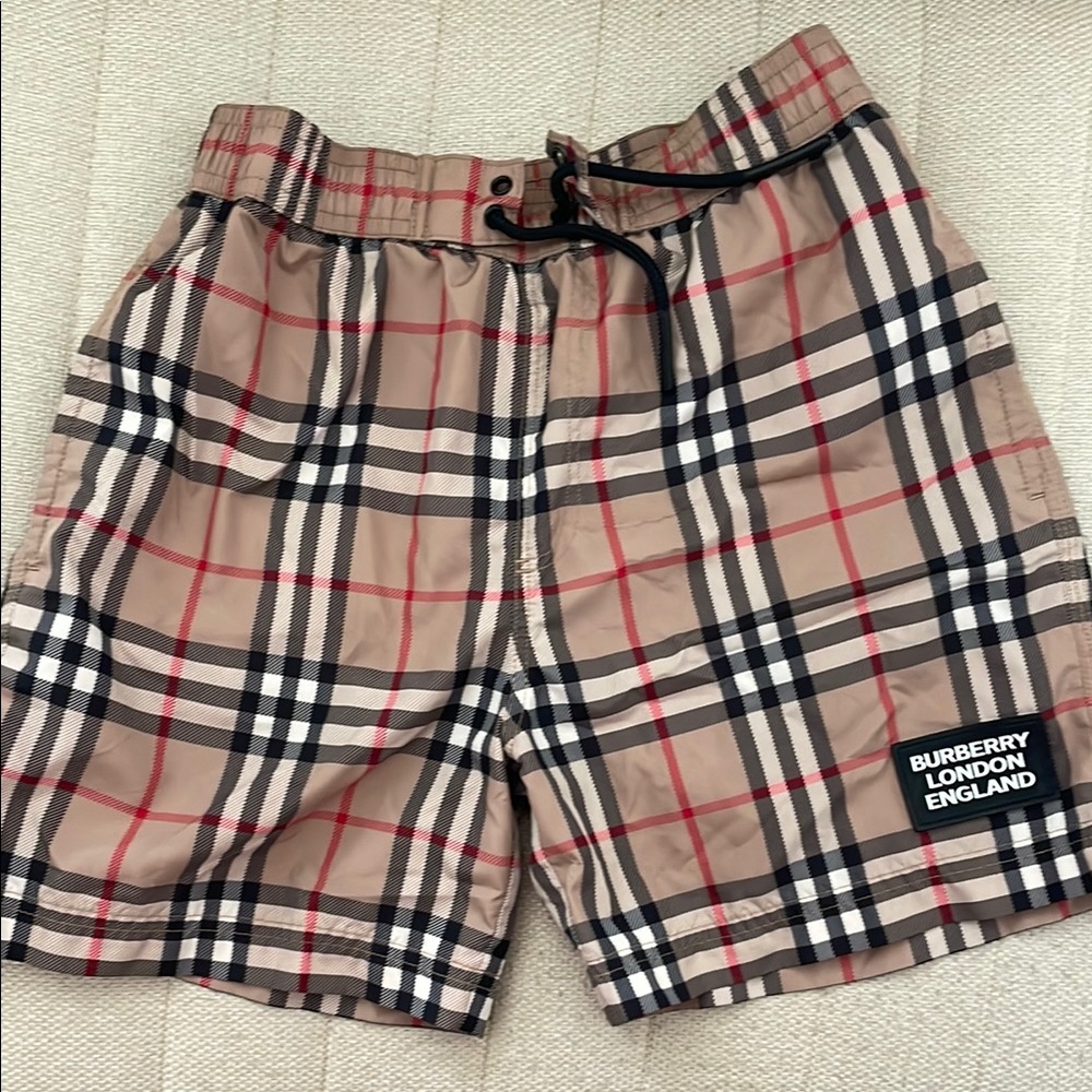 Burberry Boys Beige Black Red Plaid Swim Trunks
